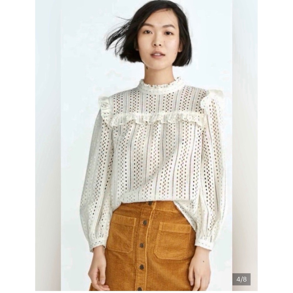 Madewell Eyelet Mock Neck Ruffle Top Womens S Cream Cotton Balloon Sleeve Blouse